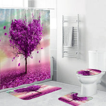 Load image into Gallery viewer, LANGRIA 4pcs Bathroom Shower Curtain Flower Print Durable Waterproof Bath Curtain Set Toilet Cover Mat Non-Slip Bathroom Rug Set