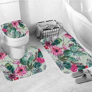 LANGRIA 4pcs Bathroom Shower Curtain Flower Print Durable Waterproof Bath Curtain Set Toilet Cover Mat Non-Slip Bathroom Rug Set